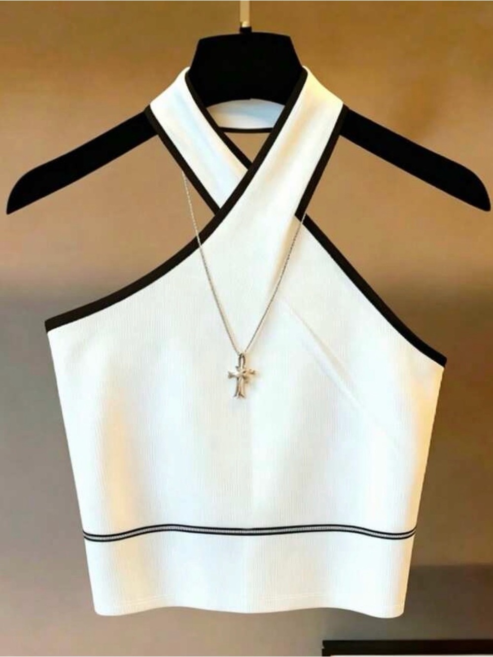 White Halter Crop Top with Black Trim